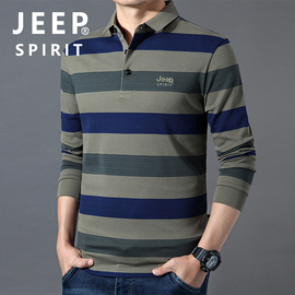 jeep长袖t恤男秋季纯棉条纹，打底衫翻领，宽松大码休闲polo衫加绒