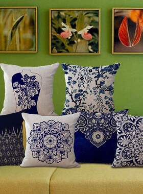 Cushion Cover Sofa Pillow case青花瓷靠垫棉麻抱枕套靠背靠枕