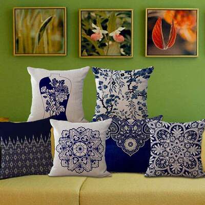 Cushion Cover Sofa Pillow case青花瓷靠垫棉麻抱枕套靠背靠枕
