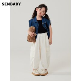 senbaby女童牛仔马甲2024春夏，韩版童装儿童无袖，牛仔上衣外套