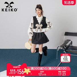 KEIKO 少女风假两件式衬衫2024春季非正式学院甜酷蝴蝶结扎花上衣