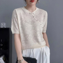 韩版短袖T恤女士夏装旗袍领针织衫短袖时尚气质盘扣小衫上衣