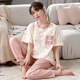 夏季睡衣女士纯棉可爱韩版卡通短袖长裤两件套装薄款春秋天家居服
