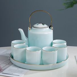 景德镇功夫茶具套装家用大容量青瓷提梁壶泡茶杯，茶盘陶瓷托盘茶壶
