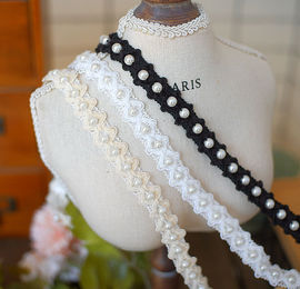 1.5厘米宽毛线织带串珠花边 珍珠花边 衣服领口袖子装饰diy材料