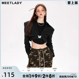 meetlady高级短款垫肩小西装，外套女2023春秋立体金属廓形上衣