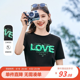 百图LOVE花卉图案T恤夏简约小圆领黑色经典上衣