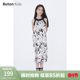 Buton Kids女童新中式水墨无袖连衣裙夏季全棉蝴蝶结背心裙亲子装