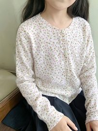 23秋冬女童女孩法式粉色小樱桃满印羊毛混纺针织开衫毛衣外套