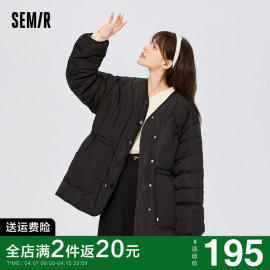 森马羽绒服女中长款2023冬季女装收腰简约宽松黑色立领外套潮