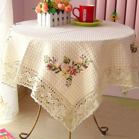 桌布布艺棉麻家用长方形现代简约台布田园，丝带绣花蕾丝盖巾圆桌布