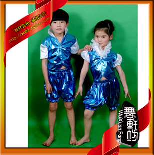 舞轩坊 蓝色亮皮舞蹈服 舞台表演服装 儿童现代搭档舞服装 男女款