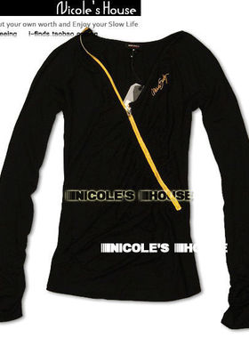 mis V领 褶皱 斜拉链 T恤