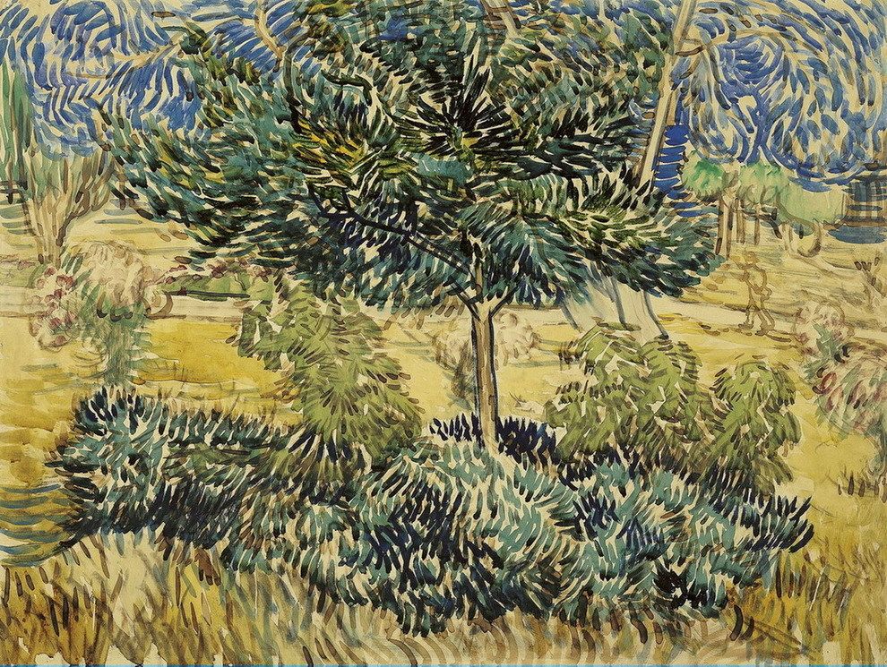 油画客厅装饰画简约星空向日葵杏花梵高 疗养院花园里的树和灌木