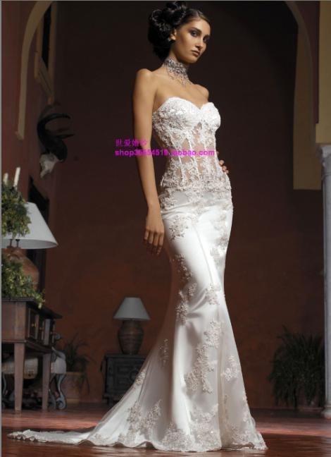 2017新款婚纱夏天鱼尾拖尾wedding dress 性感半透明蕾丝白纱