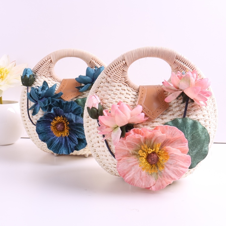 森女草编包编织包手提花朵