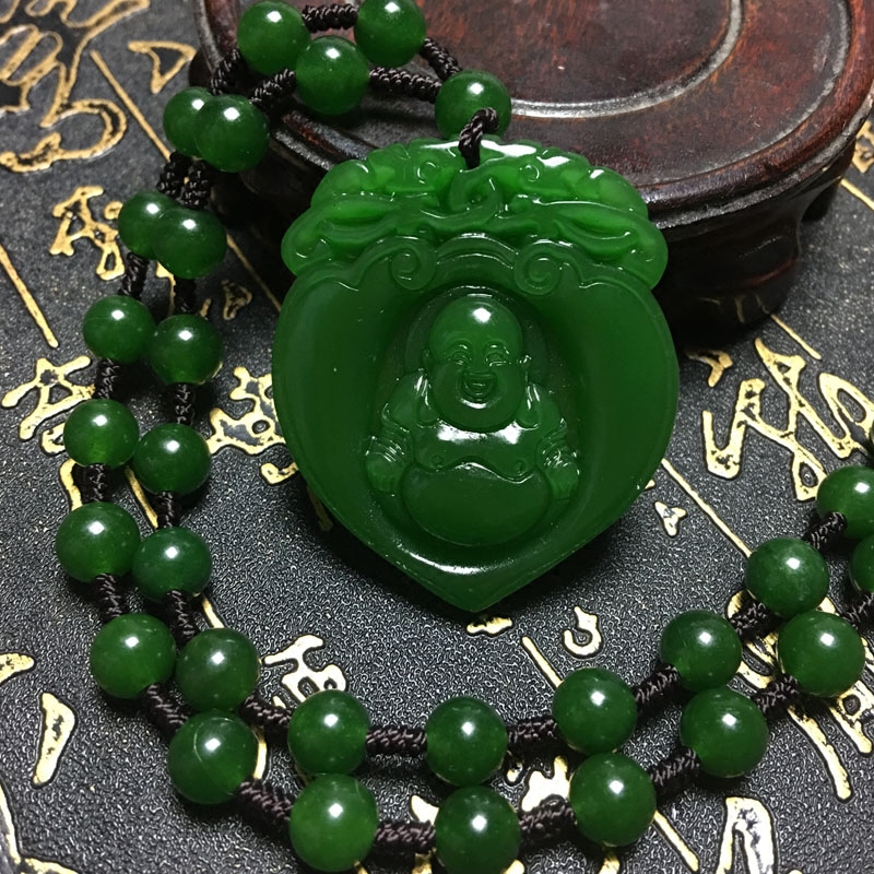 天然台湾干青心中有佛吊坠转运护身菠菜绿玉佛玉佩项链送证书