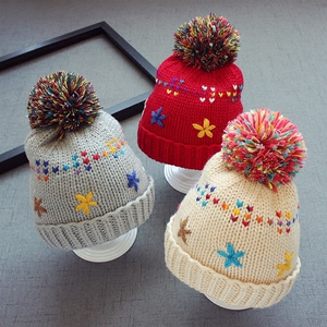 秋冬5个月-3岁宝宝儿童帽子加厚加绒毛线帽手工花朵球球帽套头帽