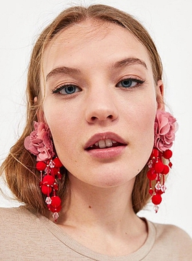 DD新款布艺雪纺面料花朵耳环 ZAR家夸张手工串珠毛球球流苏耳饰