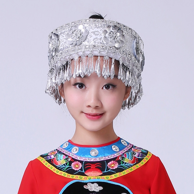 仿银亮片成人 儿童苗族哈尼族壮族景颇族彝族儿童节帽子头饰ts12