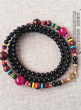 黑玛瑙水晶唐卡项链银色金色民族风佛牌毛衣挂链可定做其他款式