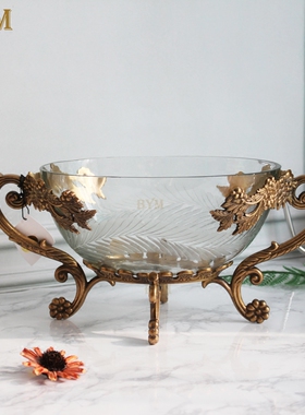 北欧美式印度进口黄铜热卖铜配玻璃葡萄托盘水果盘装饰摆件奢华