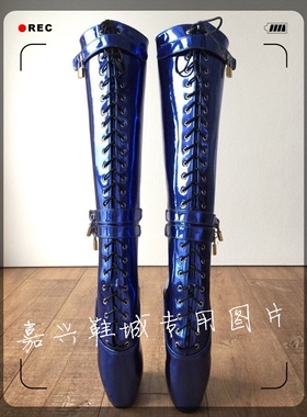 【嘉兴鞋城】金属蓝色侧条皮带装饰带锁芭蕾包跟高筒靴 BLZB1101