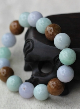 缅甸玉手链手工三彩翡翠手链抛光A货翡翠玉石手链