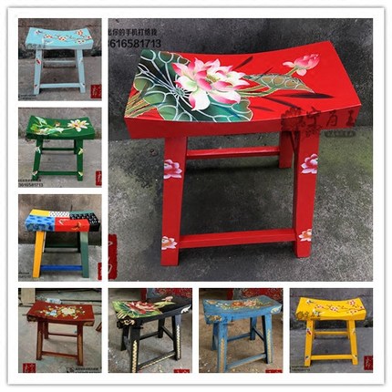 中式彩绘凳子 厂家直销老榆木换鞋凳 手绘床尾凳可定制实木梳妆凳