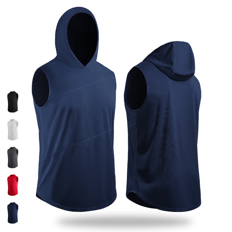 速干无袖t恤跑步运动宽肩背心连帽男大码宽松套头衫薄款健身卫衣
