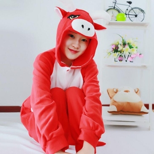 加厚情侣家居服男女演出万圣节onesie冬 出口欧美红牛连体睡衣长袖