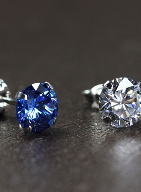 纯银男耳钉单只潮个性简约气质女日韩学生蓝色钻石超闪百搭耳环