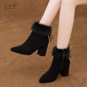 加绒女鞋 冬季 羊皮磨砂粗跟短靴真皮女靴 2025新款 气质水貂毛高跟鞋