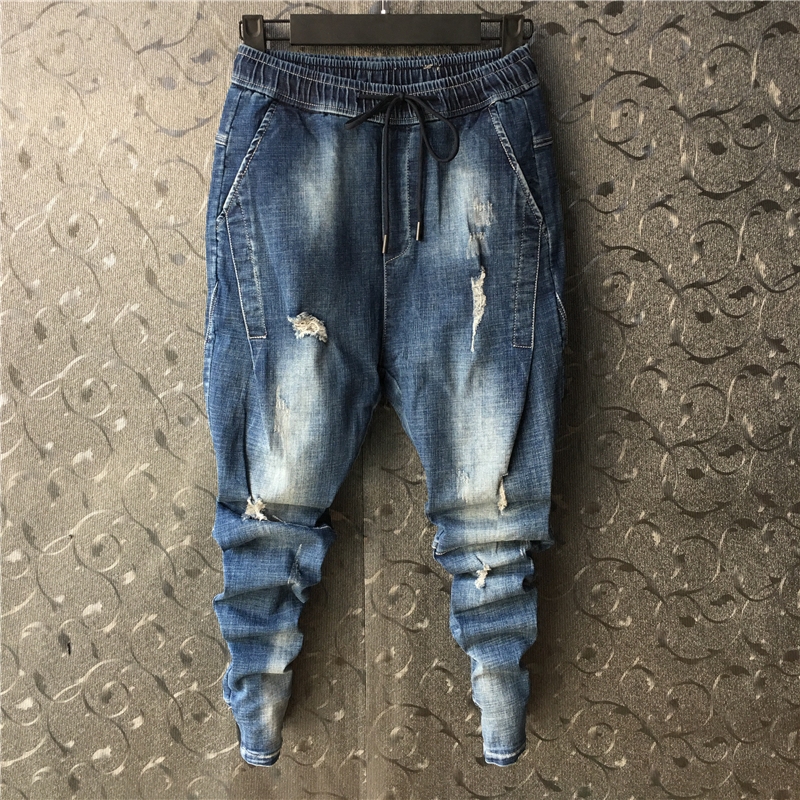春夏季修身裤子男修身小脚裤束口破洞牛仔裤社会精神小伙薄款男裤92.00元包邮