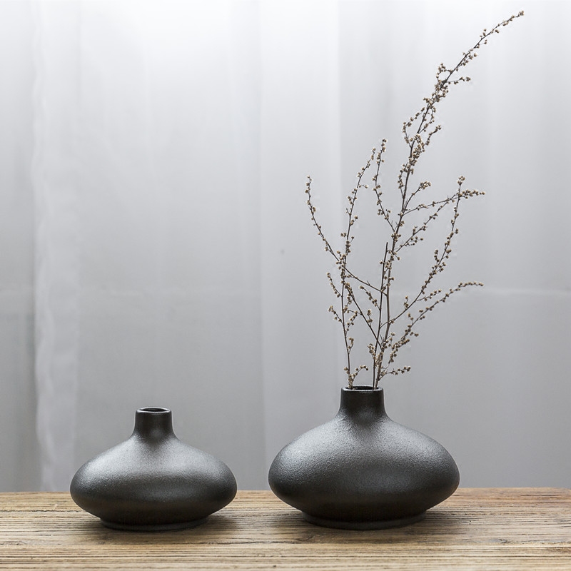 陶瓷粗陶简约客厅家居装饰品摆件水培植物扁平形花瓶干花插小花器