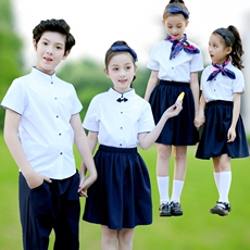 детская форма 中小学生中式校服夏装立领短袖白衬衣衬衫藏青短裙民国风儿童国学