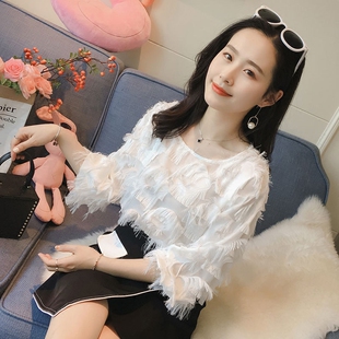 雪纺衫 七分灯笼袖 女宽松遮肚子流苏羽毛上衣超仙洋气 新款 2021夏季