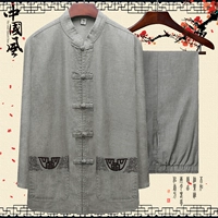 Tang phù hợp với nam trung và già vải lanh cải tiến trang phục Hanfu Trung Quốc phong cách mùa thu ông phù hợp với bộ hai mảnh giải trí - Trang phục dân tộc đồ bộ kiểu