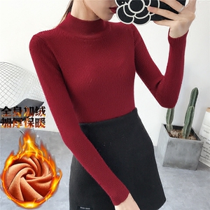 半高领加绒加厚保暖毛衣女长袖短款修身针织衫纯色打底上衣秋冬季