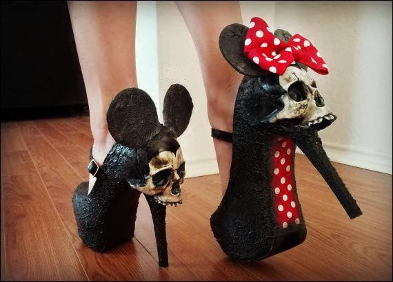 美国代购 mouse◇手作复古黄金时代老鼠耳朵手绘骷髅高跟鞋低帮鞋