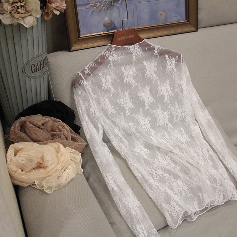 春夏新款女 立领波浪边蕾丝花朵全镂空罩衫蕾丝衫打底衫薄上衣