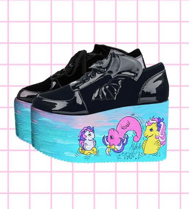 英国代购 fairy◇手作黑色手绘小海马海洋平台平底鞋松糕鞋高帮鞋