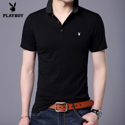 花花公子夏季新款翻领男士短袖T恤 纯色纯棉修身体恤潮polo衫男装