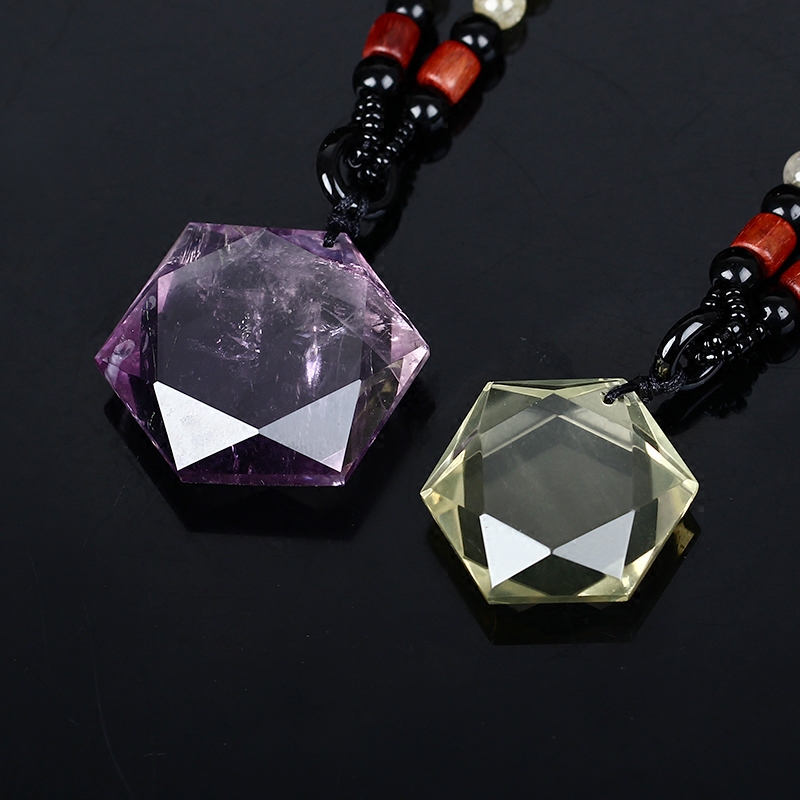 天然紫水晶黄水晶大卫星六芒星吊坠饰品项链男女款