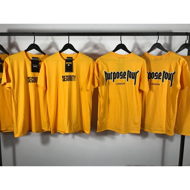 justin比伯同款短袖黄色t恤purpose tour伦敦演唱会限定securty