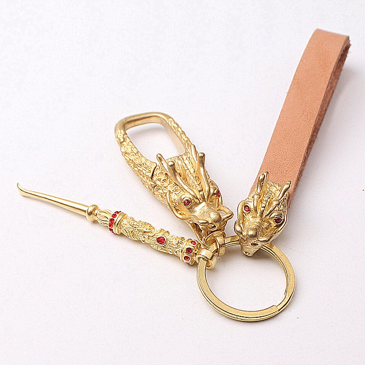 中国风铜饰男龙头钥匙扣动物纯牛皮带黄铜金属汽车锁纯铜礼品包邮