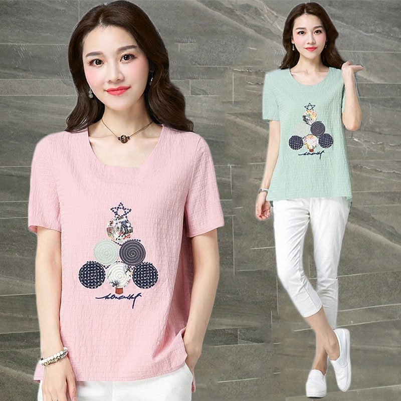 刺繡花貼布棉麻短袖T恤女裝夏季新款文藝複古大碼寬松亞麻上衣潮在類目 女裝/女士精品, T恤中 - 來自Buy2taobao.com提供專業的淘寶代購服務