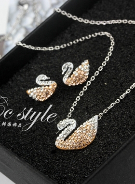 韩国渐变闪亮满钻天鹅甜美风项链