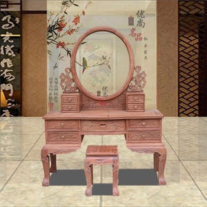 新款正宗缅甸花梨木欧式梳妆台 卧室红木实木雕花梳妆台化妆桌 收