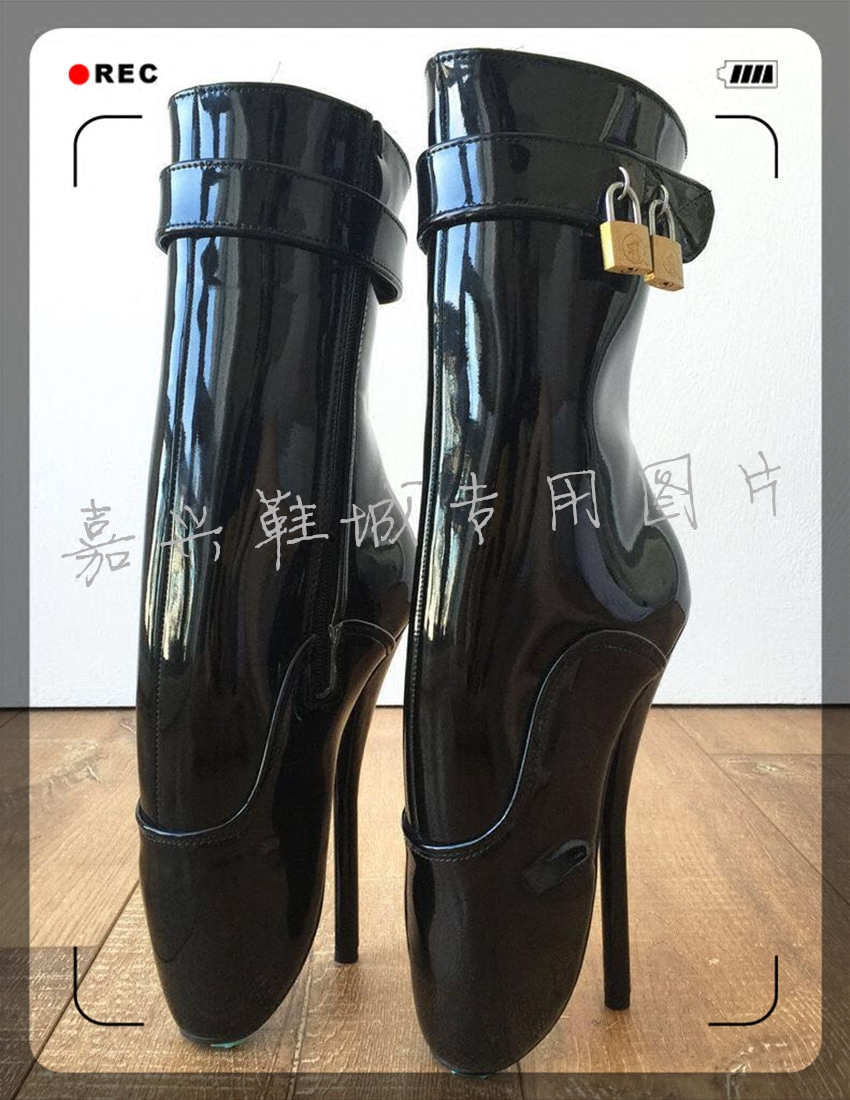 欧美女王性感黑色细跟超高跟侧拉漆皮带双锁芭蕾短靴  BLD501